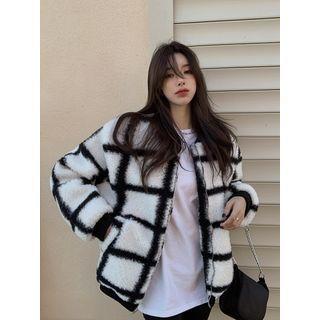 Checked Fleece Zip Jacket White - One Size