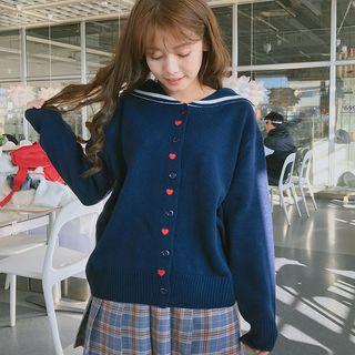 Heart Embroidered Collared Cardigan
