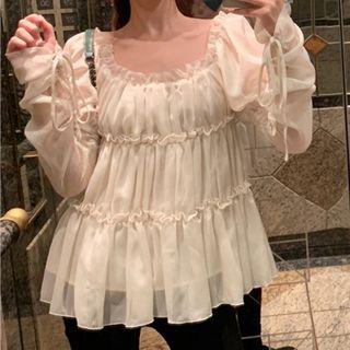 Long-sleeve Velvet Blouse Milky White - One Size