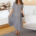 Short-sleeve Gingham Check Midi Smock Dress