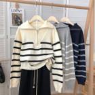 Lapel Color Panel Striped Knit Sweater