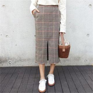 Slit-front Houndstooth H-line Midi Skirt