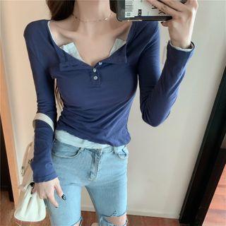 Long-sleeve Mock Two-piece Henley Top