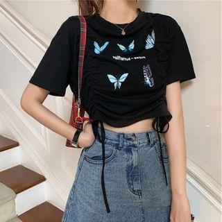 Drawstring Butterfly Print Cropped T-shirt