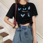 Drawstring Butterfly Print Cropped T-shirt