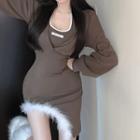Set: Halter-neck Asymmetrical Fluffy Trim Mini Bodycon Dress + Cropped Sweatshirt Set Of 2 - Grayish Brown - One Size