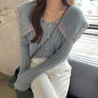 Long-sleeve Button-up Lace Trim Knit Top