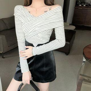 Long-sleeve Off-shoulder Striped Top / High-waist Shorts