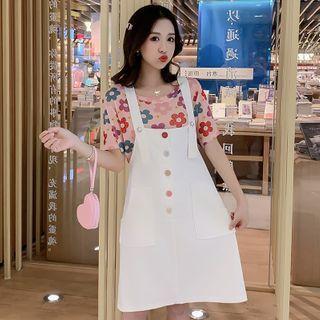 Set : Floral Short-sleeved Top + Vest Dress