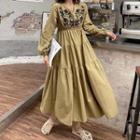 Long-sleeve Floral Embroidered Tiered Maxi A-line Dress