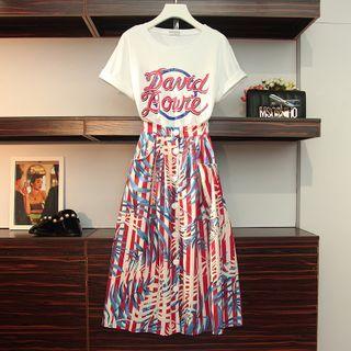Set: Short-sleeve Lettering T-shirt + Leaf Print Striped Midi A-line Skirt