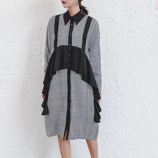 Long-sleeve Ruffle-trim Houndstooth Midi Shirtdress Black - One Size