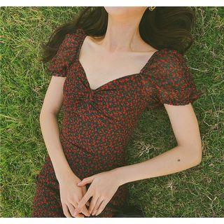 Floral Print Sweetheart Neckline A-line Midi Chiffon Dress