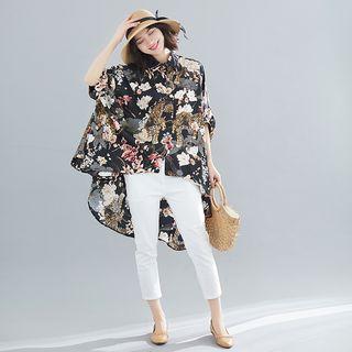 Flower Print 3/4-sleeve Shirt As Shown In Figure - One Size