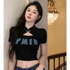 Short-sleeve Lettering Cutout Slim Fit Crop Top Black - One Size