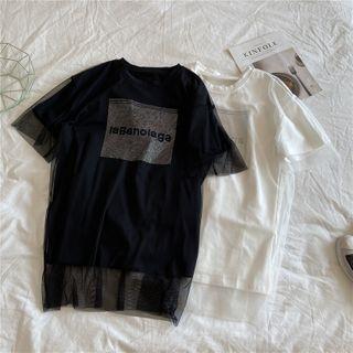 Short-sleeve Mesh Overlay Lettering T-shirt