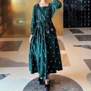 Long-sleeve Floral Embroidered Tie-waist Midi A-line Dress