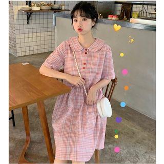 Short-sleeve Plaid Buttoned A-line Dress