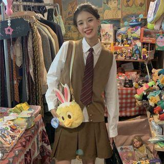 Shirt / Sweater Vest / Pleated Mini A-line Skirt / Tie