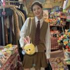 Shirt / Sweater Vest / Pleated Mini A-line Skirt / Tie