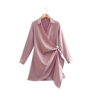 Long-sleeve Collar V-neck Mini A-line Dress