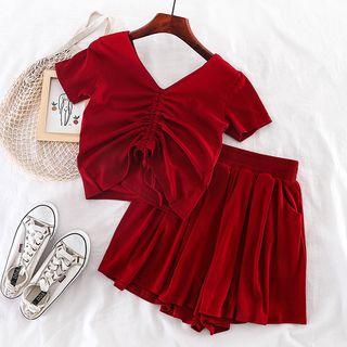 Set: V-neck Drawstring T-shirt + High-waist Wide-leg Shorts