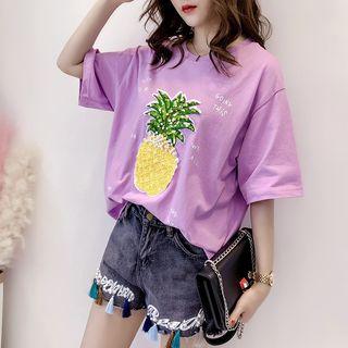 Pineapple Sequined Elbow Sleeve T-shirt