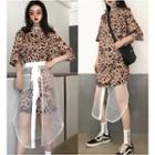 Leopard Print Short-sleeve T-shirt Dress / Mesh Midi Skirt