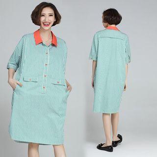 Elbow-sleeve Striped Shirt Dress