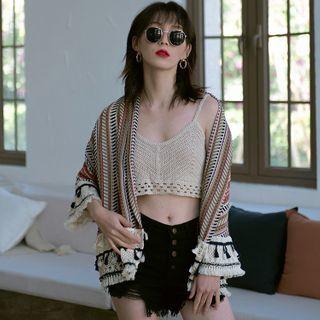 3/4-sleeve Pattern Fringed Jacket As Shown In Figure - One Size