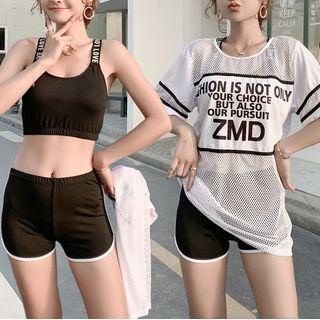 Set: Contrast Trim Tankini + Elbow-sleeve Lettering T-shirt