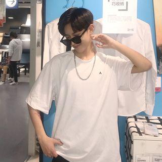 Couple Matching Letter Embroidered Elbow-sleeve T-shirt White - One Size