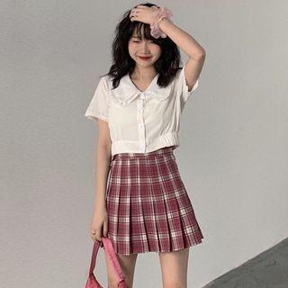 Lace Trim Short-sleeve Shirt / Plaid Pleated Skirt