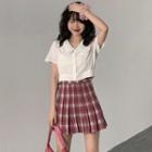 Lace Trim Short-sleeve Shirt / Plaid Pleated Skirt