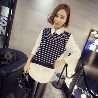 Mock Two Piece Stripe-panel Blouse