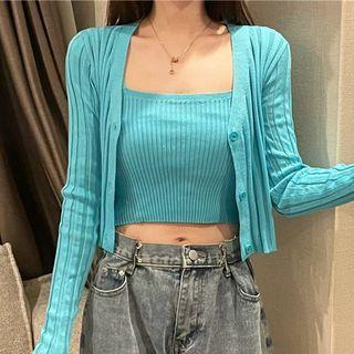 Set: Knit Cropped Camisole Top + Long-sleeve Plain Cardigan