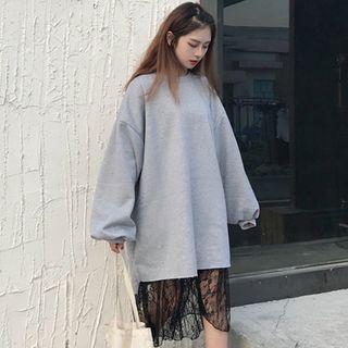 Plain Pullover / Long-sleeve Midi Lace Dress