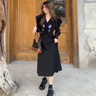 Puff-sleeve Collar Midi A-line Dress Black - One Size