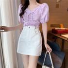 Plaid Puff-sleeved Top / High Waist A-line Skirt