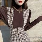 Long-sleeve Turtleneck T-shirt / Suspender Plaid Skirt