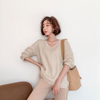 V-neck Dip-back Waffle-knit Sweater