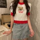 Short-sleeve Bear Print Knit Top White - One Size