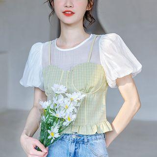Puff-sleeve Mock Two-piece Plaid Cropped Blouse