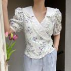 Frill-hem Wrap-front Floral Print Blouse