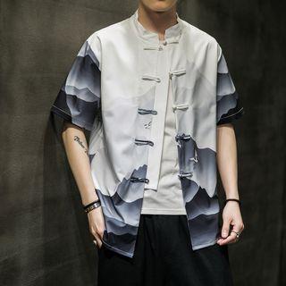 Short-sleeve Stand-collar Scenery Print Frog-buttoned Shirt
