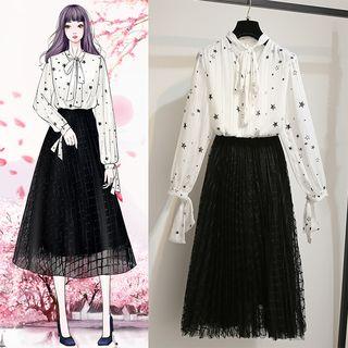Tie-neck Star Print Blouse / Midi Skirt / Set