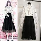 Tie-neck Star Print Blouse / Midi Skirt / Set
