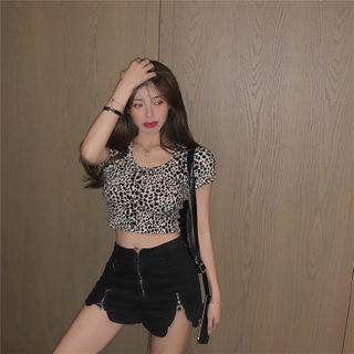 Print Leopard Puff-sleeve Blouse Top - One Size