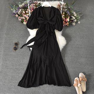 Short-sleeve Bow-front Midi A-line Chiffon Dress