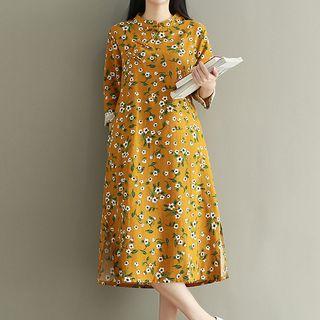 Floral Print Long-sleeve Mandarin Collar Dress